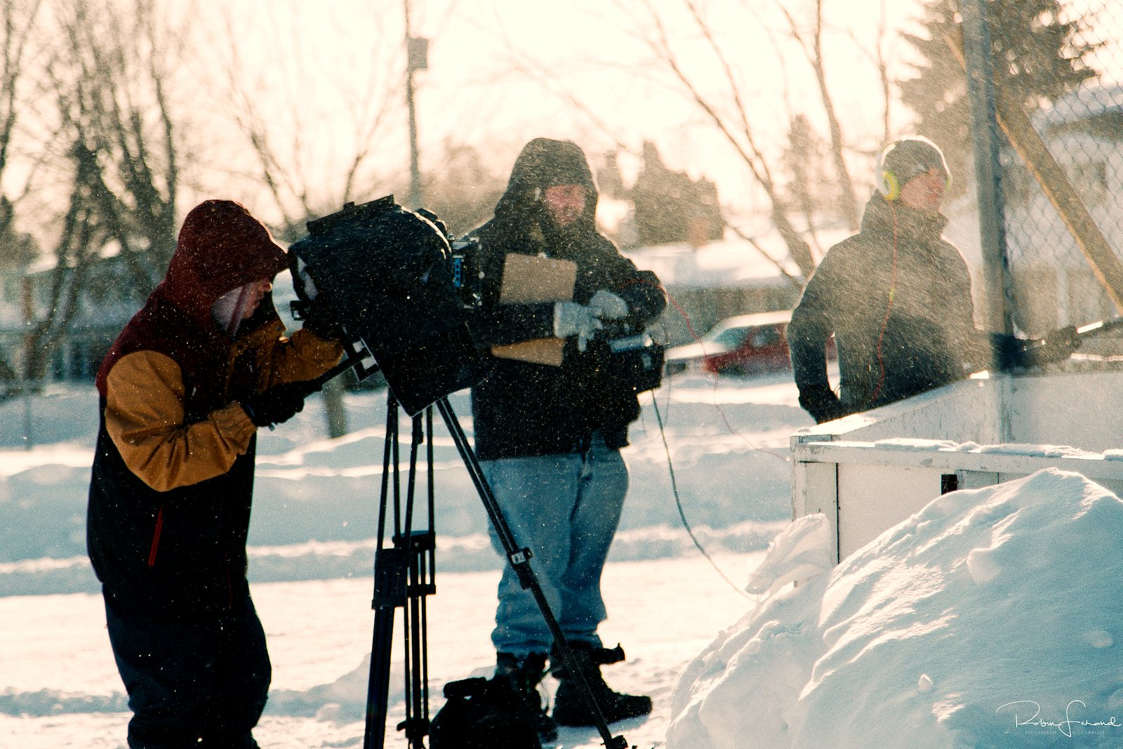 A student crew shoots through the snow